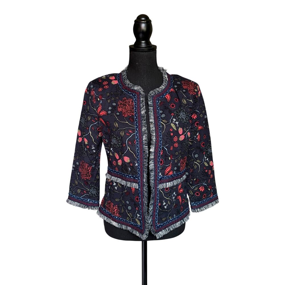 Ann Taylor Loft Primavera Strawberry Floral Fringe Career Wear Blazer (Navy) - 4